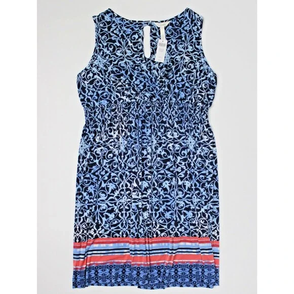 Soma Sleeveless Casual Smocked Mini Dress Blue Floral Hippie Boho Women Size XL - Picture 1 of 10
